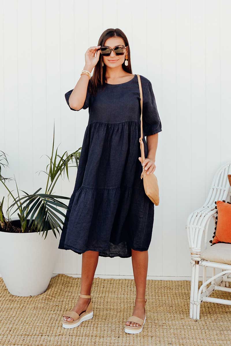 Xena Navy Linen Tier Dress – Blue Bungalow